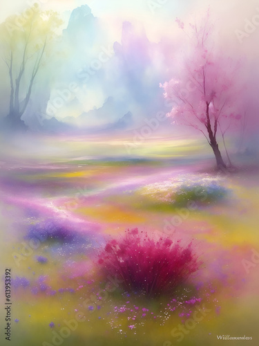 Spring flowers field. AI generated illustration