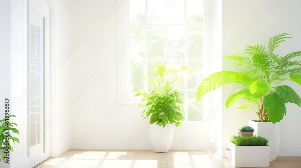 Peaceful interior background with soft cream white walls and potted plant. Sun rays streaming through windows. Wallpaper.