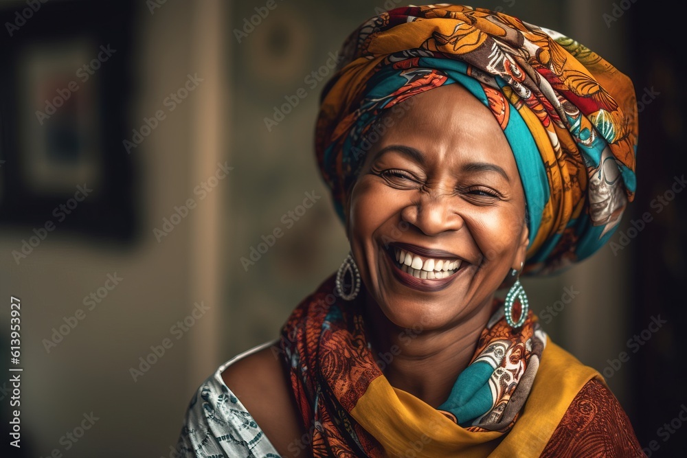 Portrait of happy senior african woman in turban Generative AI Portrait of happy senior african woman in turban Generative AI