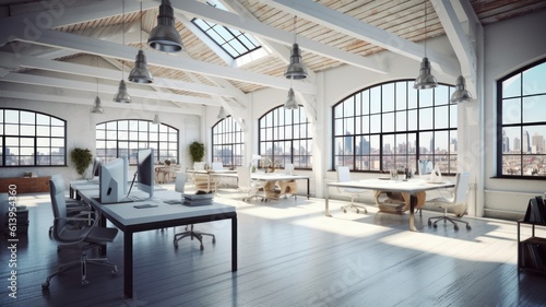 Loft style open space office in a modern urban building. Wooden floor and ceiling with beams, large tables with chairs, desktop computers, plants in floor pots, panoramic windows with Generative AI