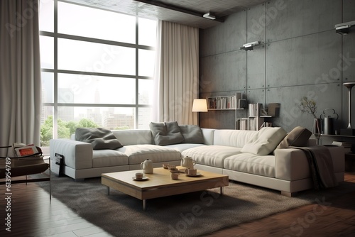 Modern living room interior with black empty wall,Generative AI © Azar
