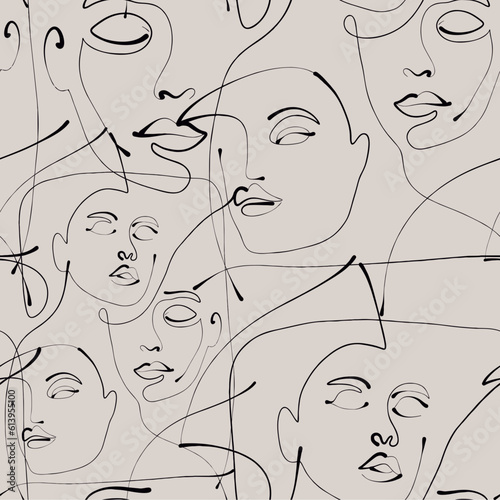 Seamless pattern line drawing of women with different faces.