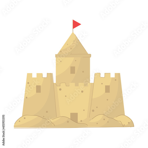 Cartoon style sand castle with red flag.