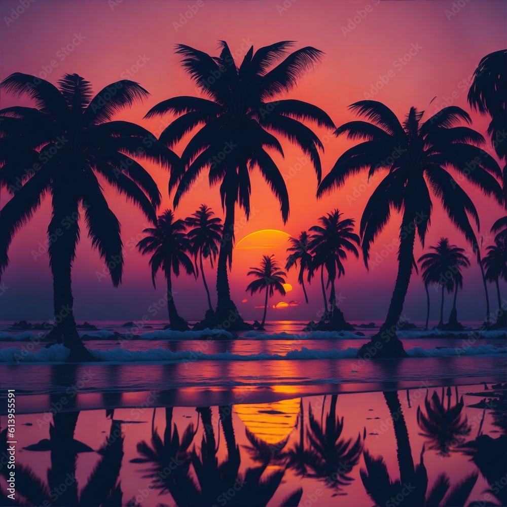 3d sunset on the beach. Retro palms sci fi background with ocean. Sun reflection in water. Futuristic landscape 1980s style. Digital landscape cyber surface. 80s party background. Generative 
