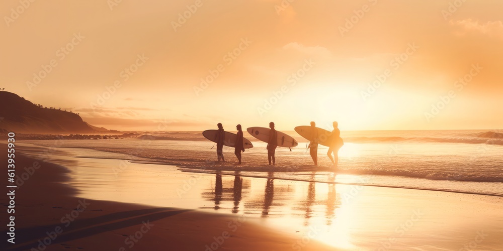 Silhouette of surfers carrying boards on sunset beach. Vintage-filtered panoramic soft style for banner background. Generative AI Silhouette of surfers carrying boards on sunset beach. Vintage-filtered panoramic soft style for banner background. Generative AI