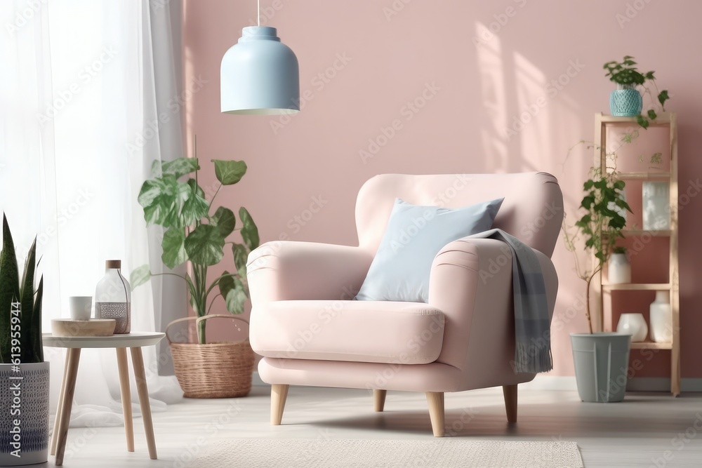 Obraz premium Pastel living room interior with wooden table, armchair, and pink lamp. Plants add a touch of greenery. Generative AI