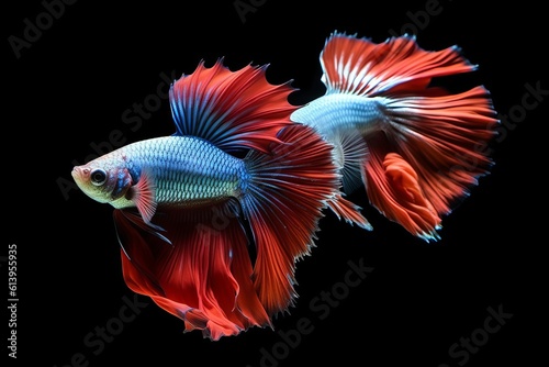 Beautiful full-bodied Thai Siamese Betta fighting fish with red and blue tail and fin, showcasing its vibrant colors. Isolated on a black background. Generative AI