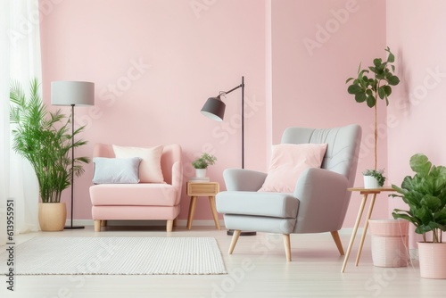 Pastel living room interior with wooden table, armchair, and pink lamp. Plants add a touch of greenery. Generative AI
