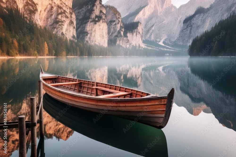 Captivating view of a charming traditional wooden rowing boat on a serene lake surrounded by breathtaking natural beauty, illuminated by the soft morning light at sunrise. Generative AI
