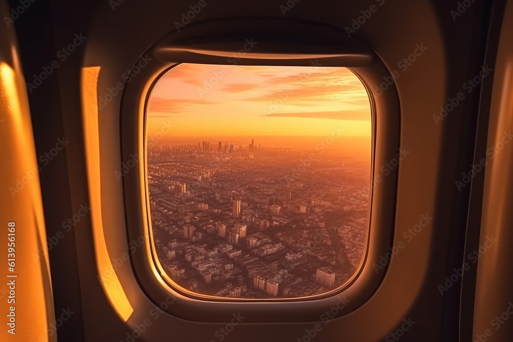 Scenic city view at sunset through airplane window. Generative AI