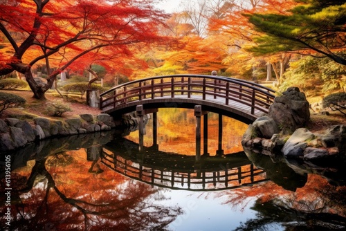 Eikando Zenrinji shrine & bridge, adorned with stunning red & yellow maple leaves, peak autumn foliage in Kyoto. Captivating garden view & vibrant fall colors. Generative AI