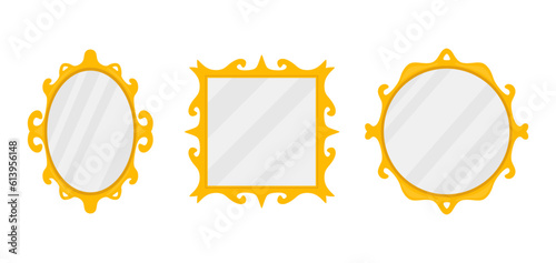 Set of golden mirrors. Collection of ornate mirror or frame in oval, square and round shape isolated on white background. Vintage decorative illustration in flat style. vector