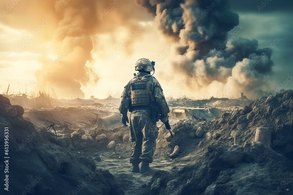 Fototapeta premium Faceless Soldier walking in destroyed city. Generative AI illustration