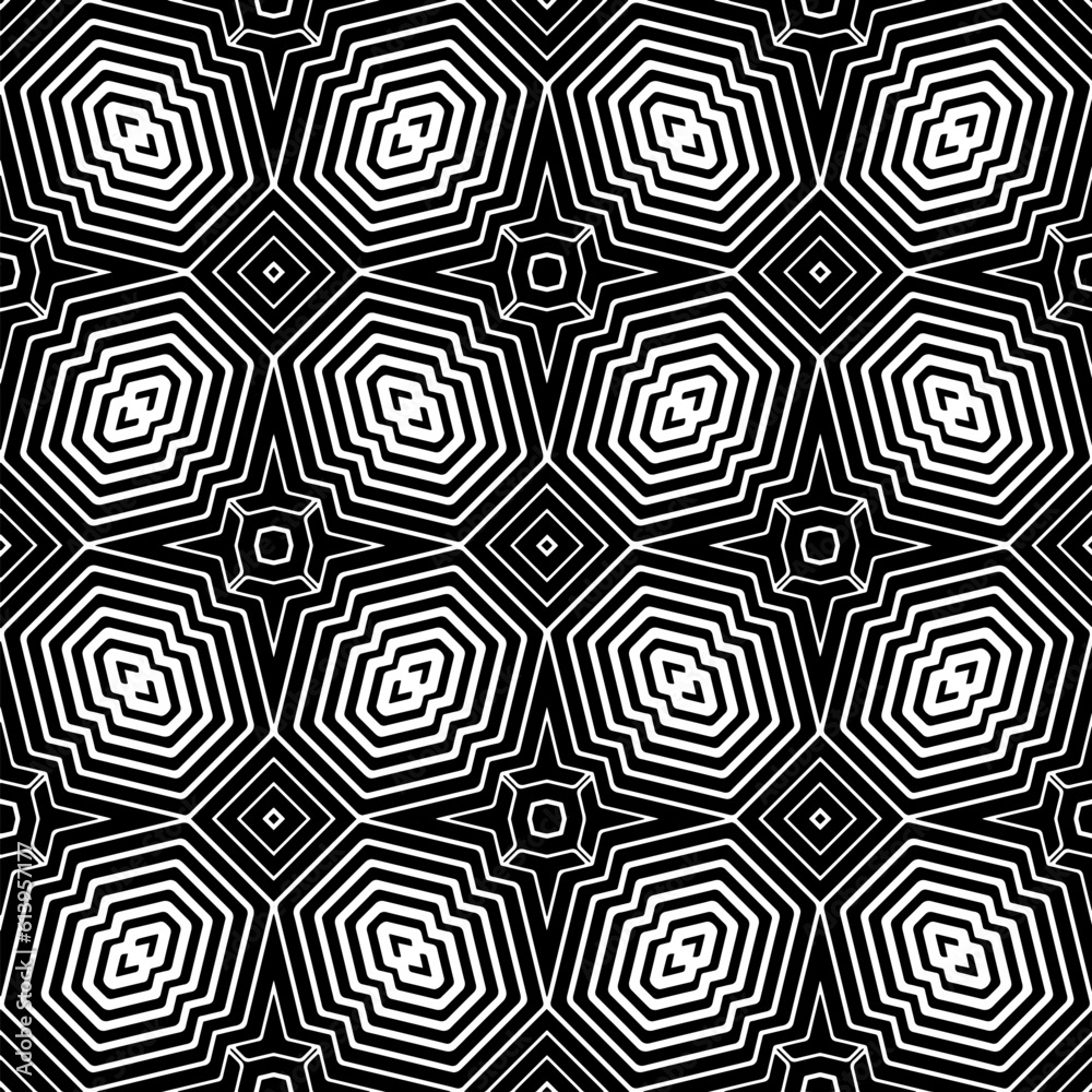 Obraz premium Background with abstract shapes. Black and white texture. Seamless monochrome repeating pattern for decor, fabric, cloth. 