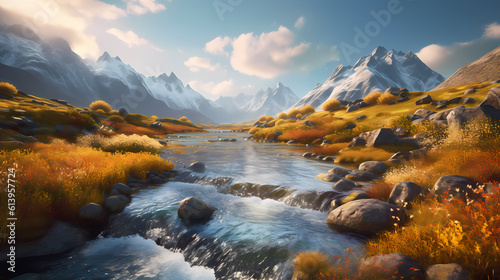 Majestic Mountain Serenity: Golden Hour Landscape, Crystal-Clear River, and Nature's Splendor