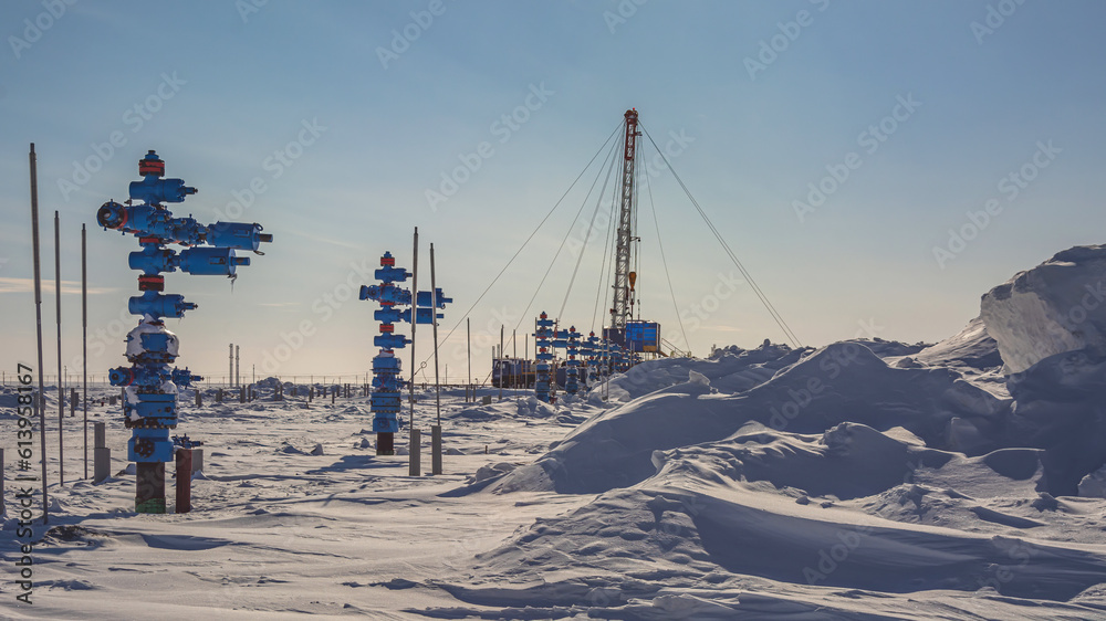 The Northern gas field. In the foreground is a row of gas producing wells. In the background, a mobile rig for well repair. A frosty winter day. The ground is covered with snow The Northern gas field. In the foreground is a row of gas producing wells. In the background, a mobile rig for well repair. A frosty winter day. The ground is covered with snow