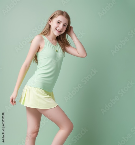 Portrait of funny teenager girl on green background. Generative AI