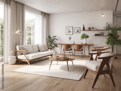 Scandinavian comfortable living room, wooden floor and furniture. Generative AI © Natee Meepian