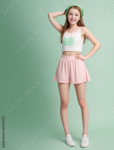 Portrait of funny teenager girl on green background. Generative AI