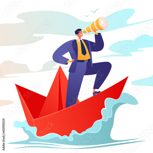 Leadership, goal achievement, vision or forward-looking strategy for success concept of finding new ideas and financial flows, successful businessman leader with telescope, on paper ship. 