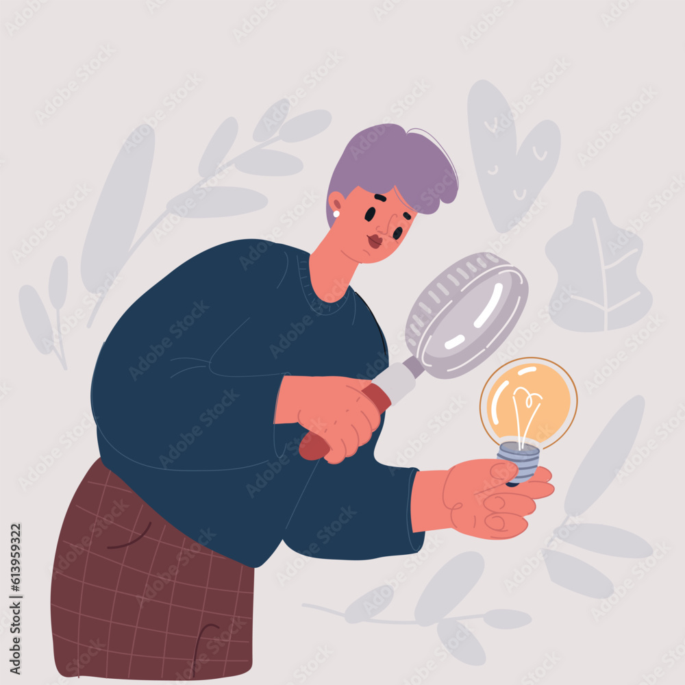 Vector illustration of woman Looking through Huge Magnifying Glass on bulb light Vector illustration of woman Looking through Huge Magnifying Glass on bulb light