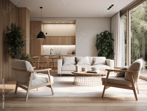 Scandinavian comfortable living room  wooden floor and furniture. Generative AI