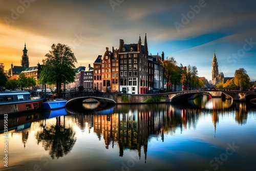 A beautiful photo of Amsterdam shows canals, houses and bridges at sunset, reflecting in the water, surrounded by trees