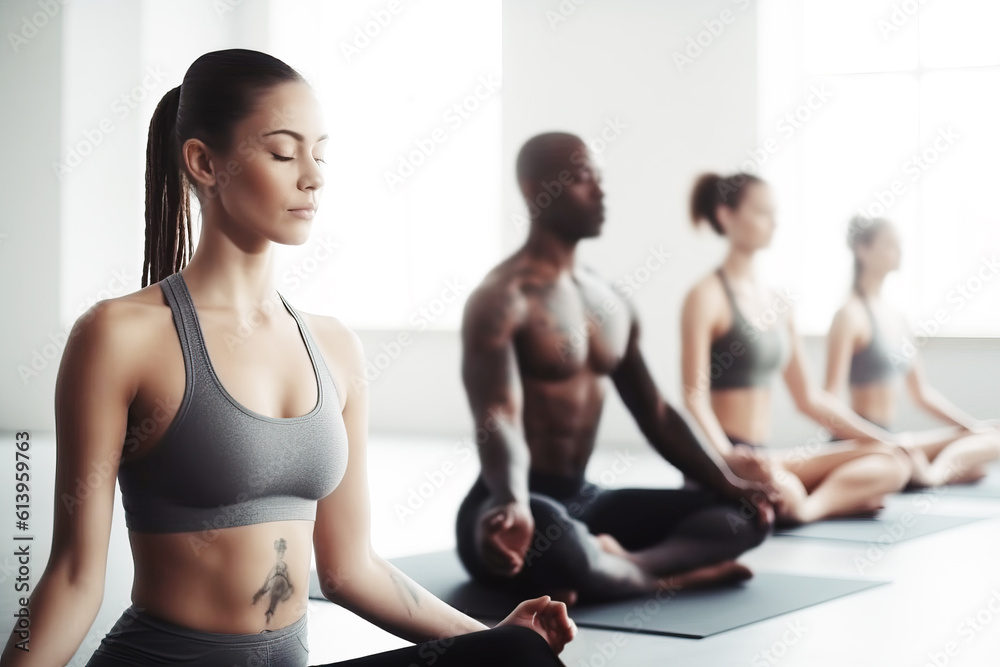 Fototapeta premium Group of mixed race people practicing yoga in the gym