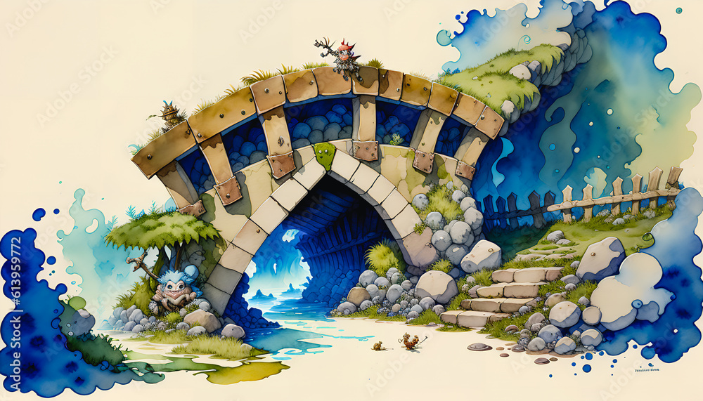 The Magical Encounter of a Funny Troll under the Bridge, Depicted in a Captivating Watercolor Style, Generative AI.