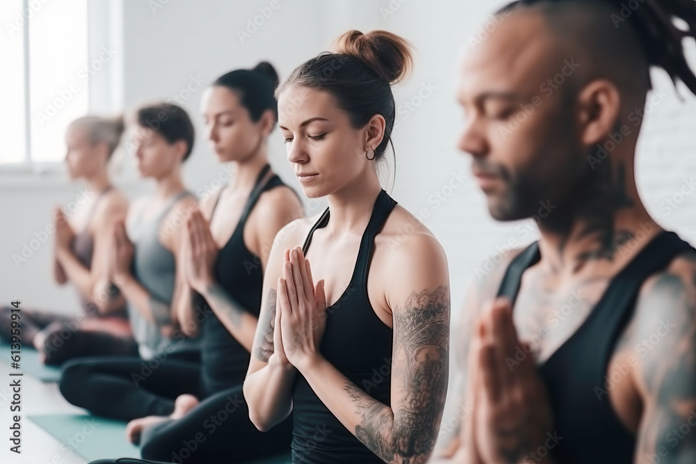 Group of mixed race people practicing yoga in the gym Group of mixed race people practicing yoga in the gym