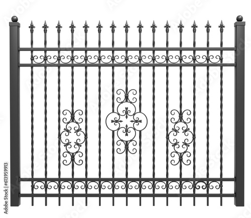 Element of forded fence with supports. Wrought iron fence. 3D render. PNG file.
