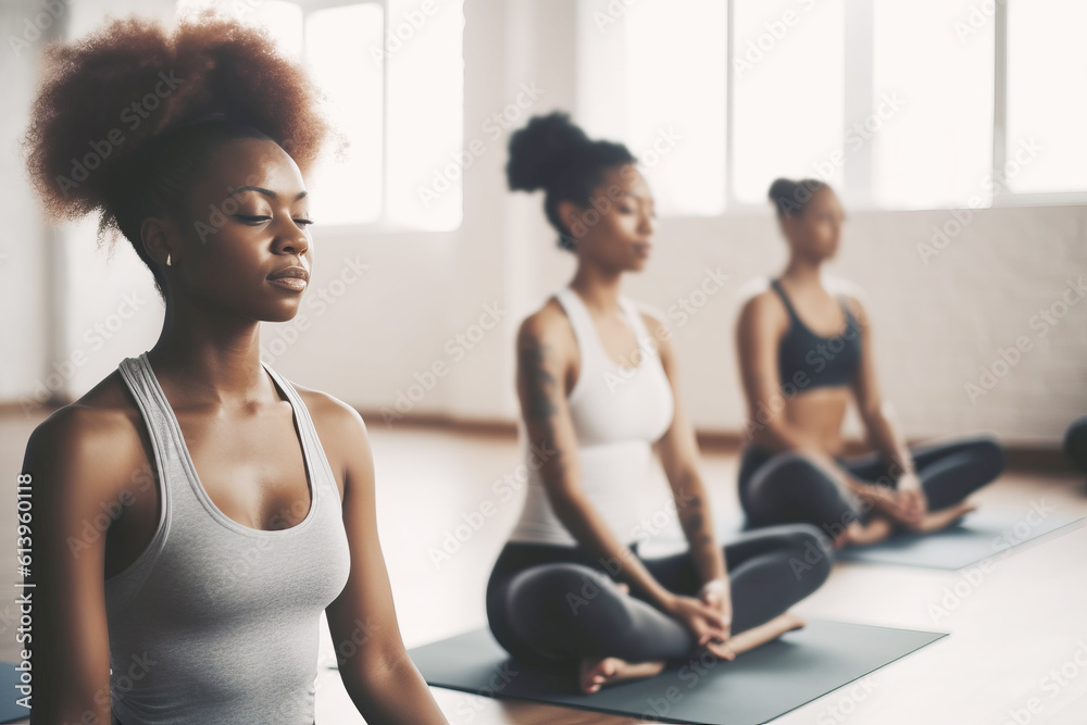 Group of mixed race people practicing yoga in the gym Group of mixed race people practicing yoga in the gym