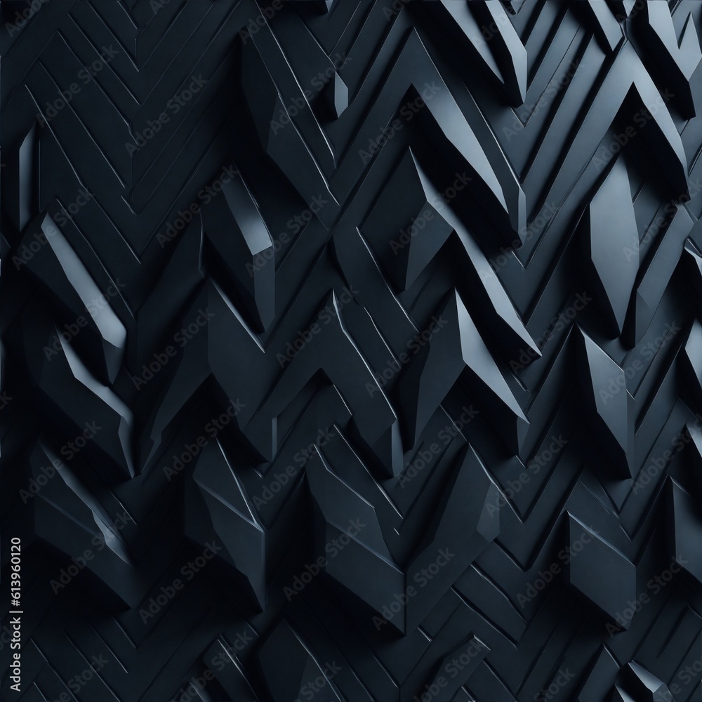 Polished, Semigloss Wall background with tiles. Triangular, tile Wallpaper with 3D, Black blocks. 3D Render
