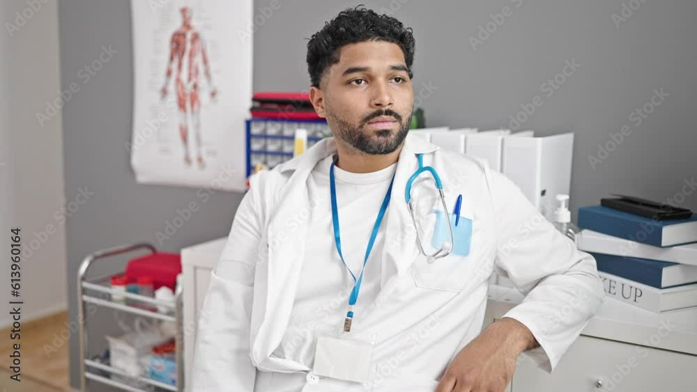 African american man doctor smiling confident sitting on table at clinic African american man doctor smiling confident sitting on table at clinic