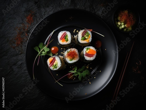 Top view of delicious sushi rolls on black table, Japanese food. Generative AI