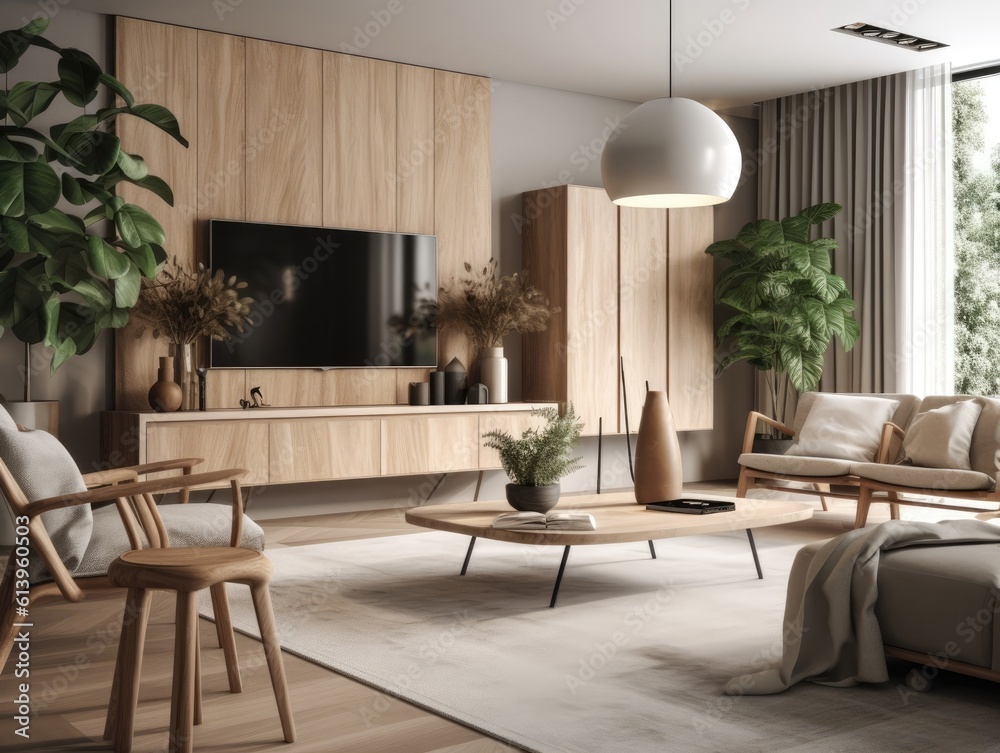 Fototapeta premium Scandinavian comfortable living room, wooden floor and furniture. Generative AI
