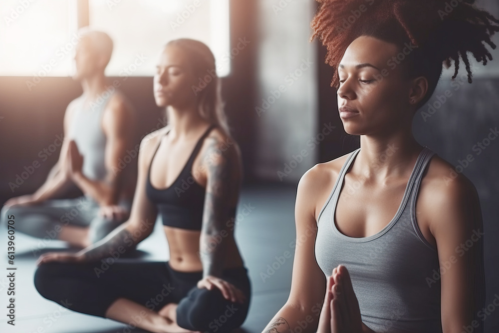 Group of mixed race people practicing yoga in the gym Group of mixed race people practicing yoga in the gym