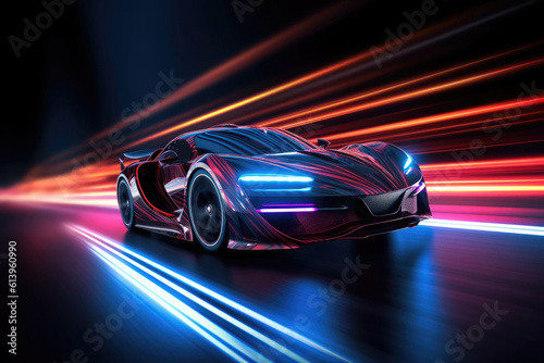 Car silhouette with motion blur effect. Futuristic sports car at night road with light effects. Supercar acceleration at night track with colored light trails. Created with Generative AI