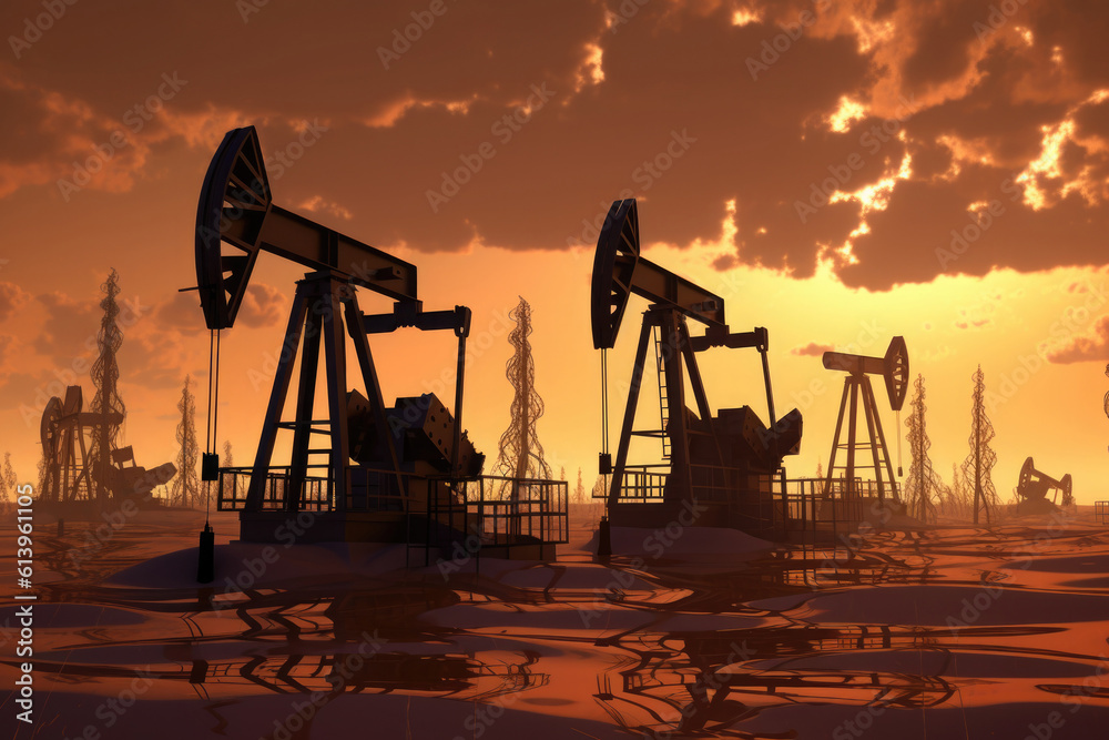 Silhouette of oil pumps at sunset. Pumping oil from drilling rigs. The concept of the energy crisis in the world. Oil production and fossil resources. Created with Generative AI