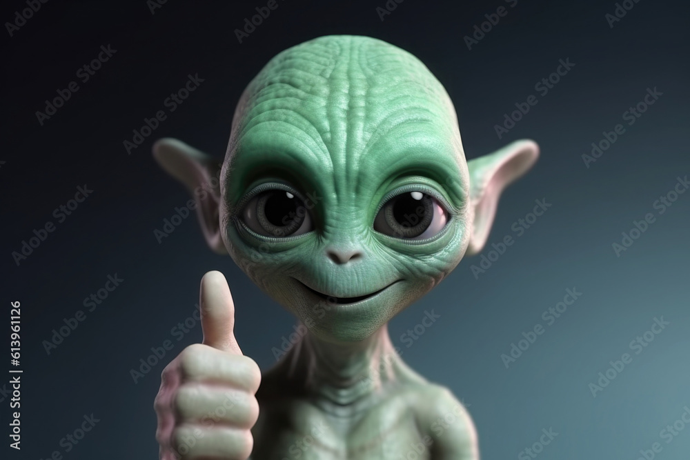 Alien humanoid portrait on dark background. Extraterrestrial humanoid shows thumb up gesture. Friendly alien. Created with Generative AI Alien humanoid portrait on dark background. Extraterrestrial humanoid shows thumb up gesture. Friendly alien. Created with Generative AI
