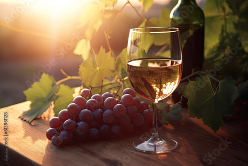 Fototapeta Naklejka Na Ścianę i Meble -  White wine in wineglass and bottle in backlight. Summer landscape. Illustration. Generative AI.