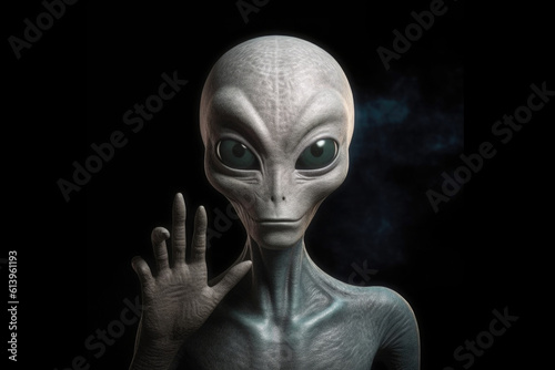 Alien humanoid portrait on dark background. Friendly extraterrestrial humanoid shows thumb up gesture. Created with Generative AI
