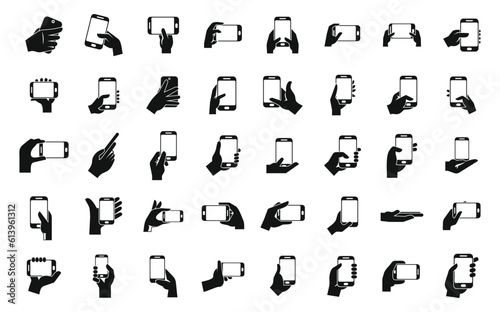 Hand holding phone icons set simple vector. Mobile chat. Hand messenger