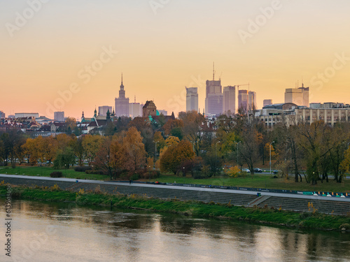 View over River Vistula towards City Centre Skyline at sunset, Warsaw, Masovian Voivodeship, Poland