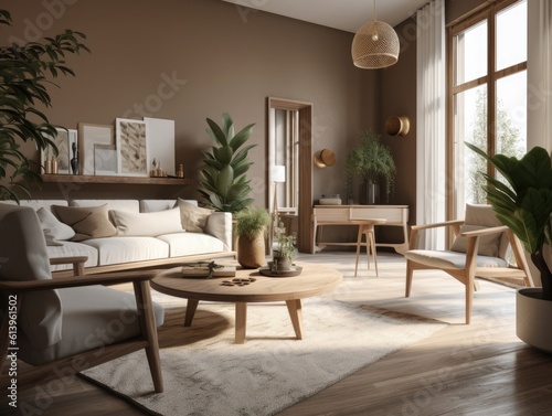 Scandinavian comfortable living room, wooden floor and furniture. Generative AI