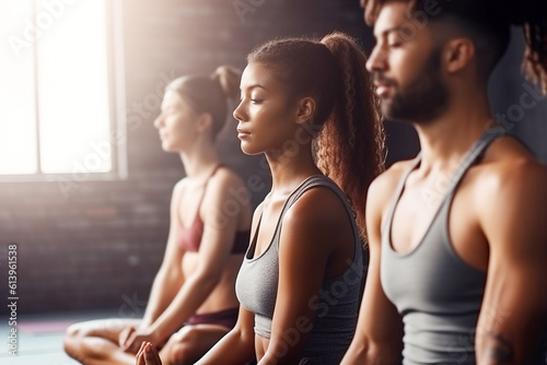 Group of mixed race people practicing yoga in the gym