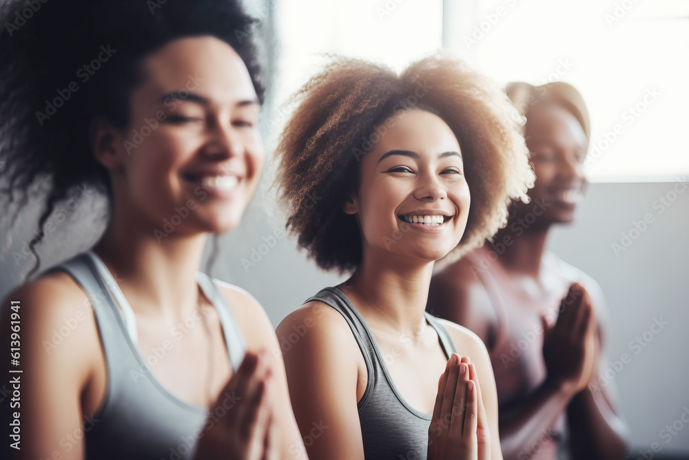 Group of mixed race smiling women practicing yoga in the gym close up Group of mixed race smiling women practicing yoga in the gym close up