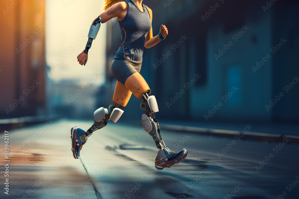 Fototapeta premium Young girl with both prosthetic arm and legs runs along the city street. Generative AI.