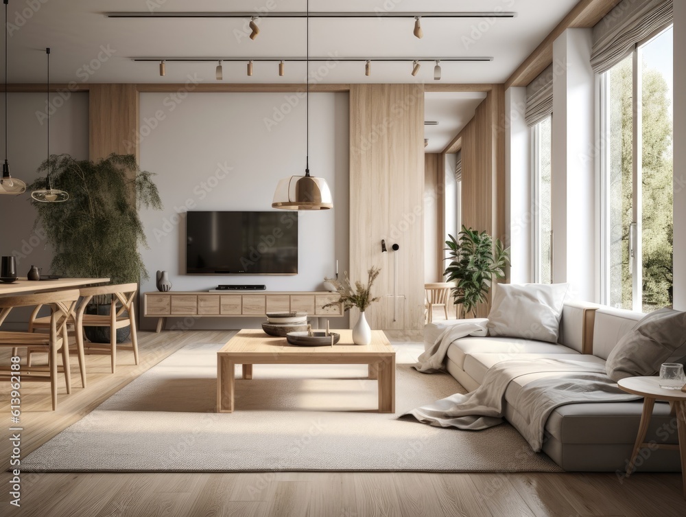 Fototapeta premium Scandinavian comfortable living room, wooden floor and furniture. Generative AI