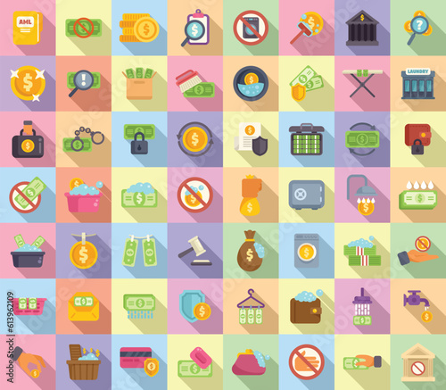 Anti-money laundry icons set flat vector. Bank money. Crime fraud